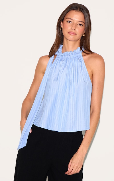 Blue Pinstripe Ruched Tie Neck Top