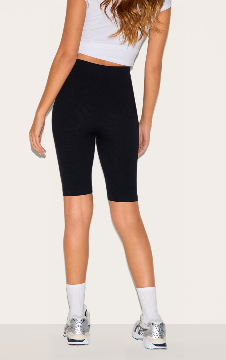 Basic Black Structured Contour Rib Bike Shorts image 3