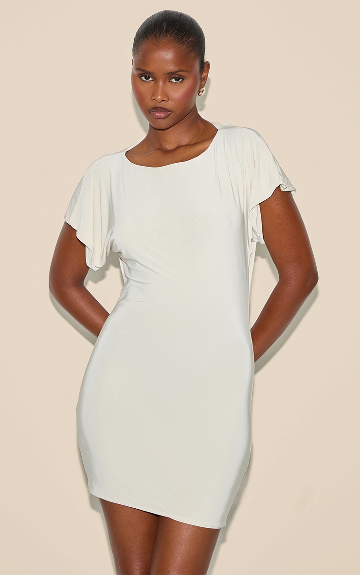 Almond Double Layered Slinky Ruched Short Sleeve Mini Dress image 2