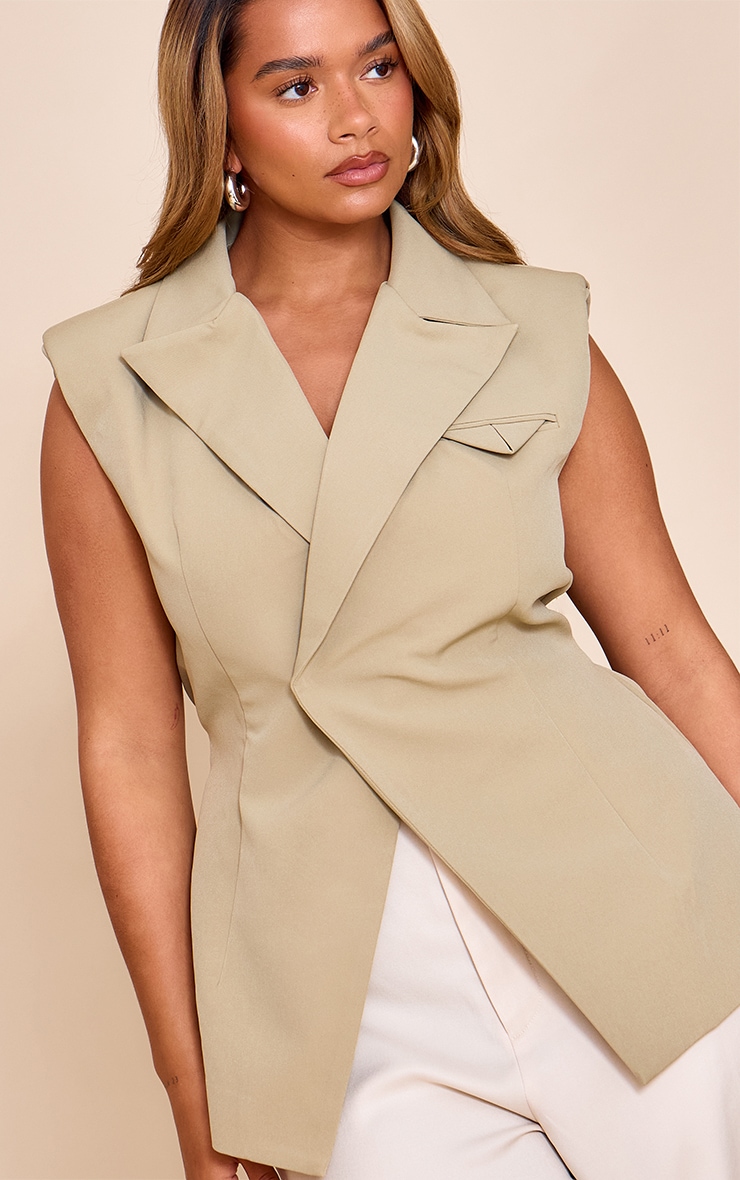 Shape Olive Tailored Asymmetric Cross Over Sleeveless Adjustable Waist Blazer image 4