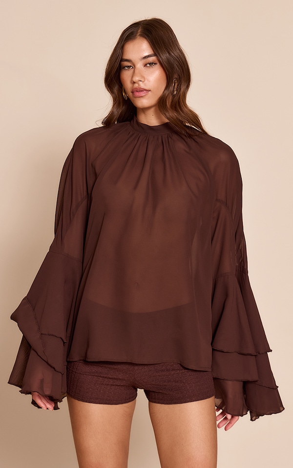 Chocolate Chiffon High Neck Ruffle Sleeve Detail Blouse