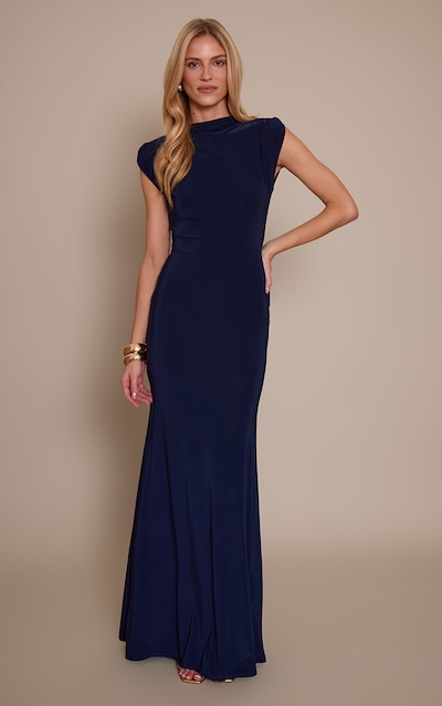 Navy Double Layer Slinky Ruched Shoulder Detail Maxi Dress