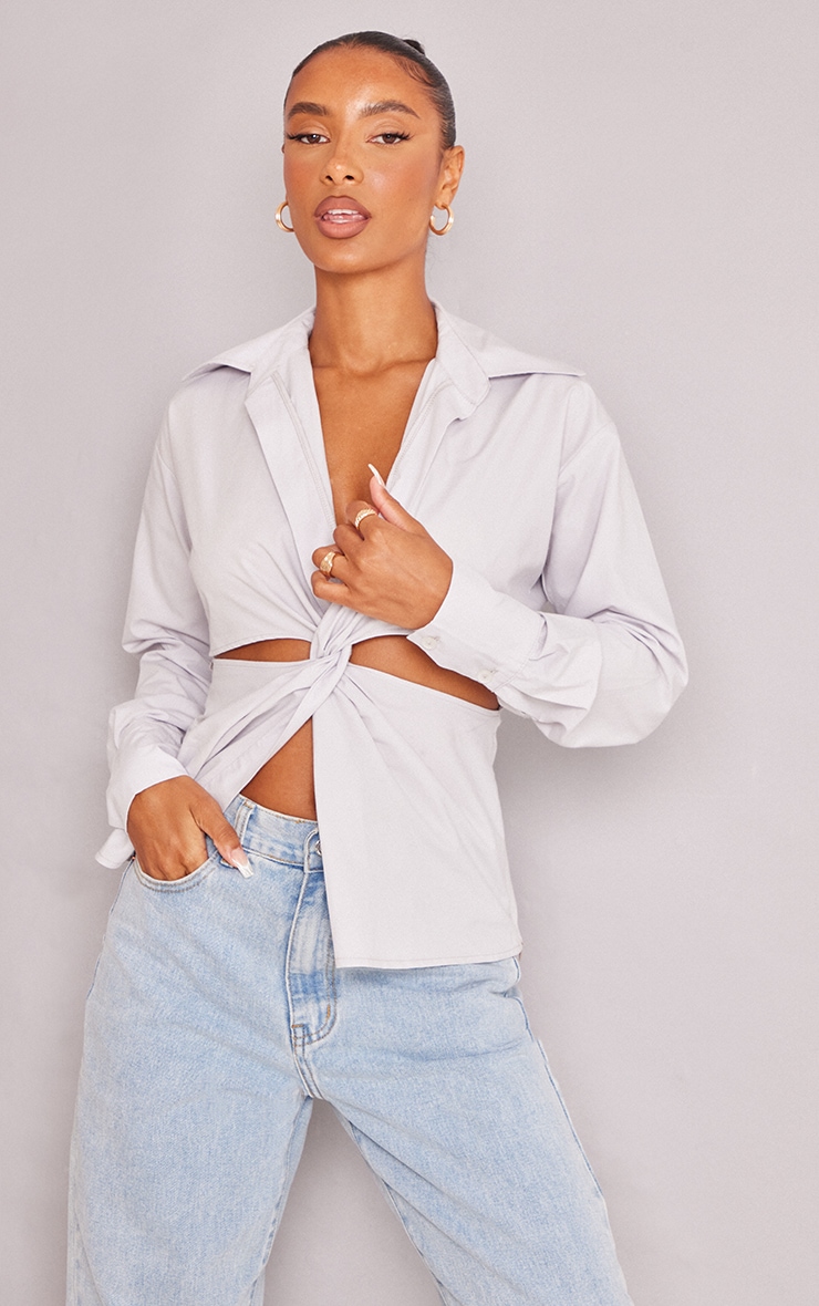 Chemise en maille tissée gris pierre à découpes, Gris Pierre