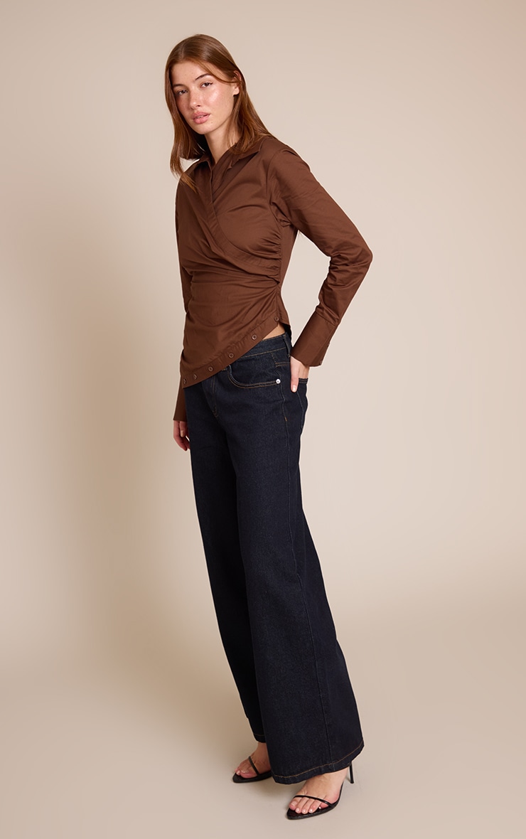 Dark Chocolate Ruched Wrap Detail Long Sleeve Shirt image 3