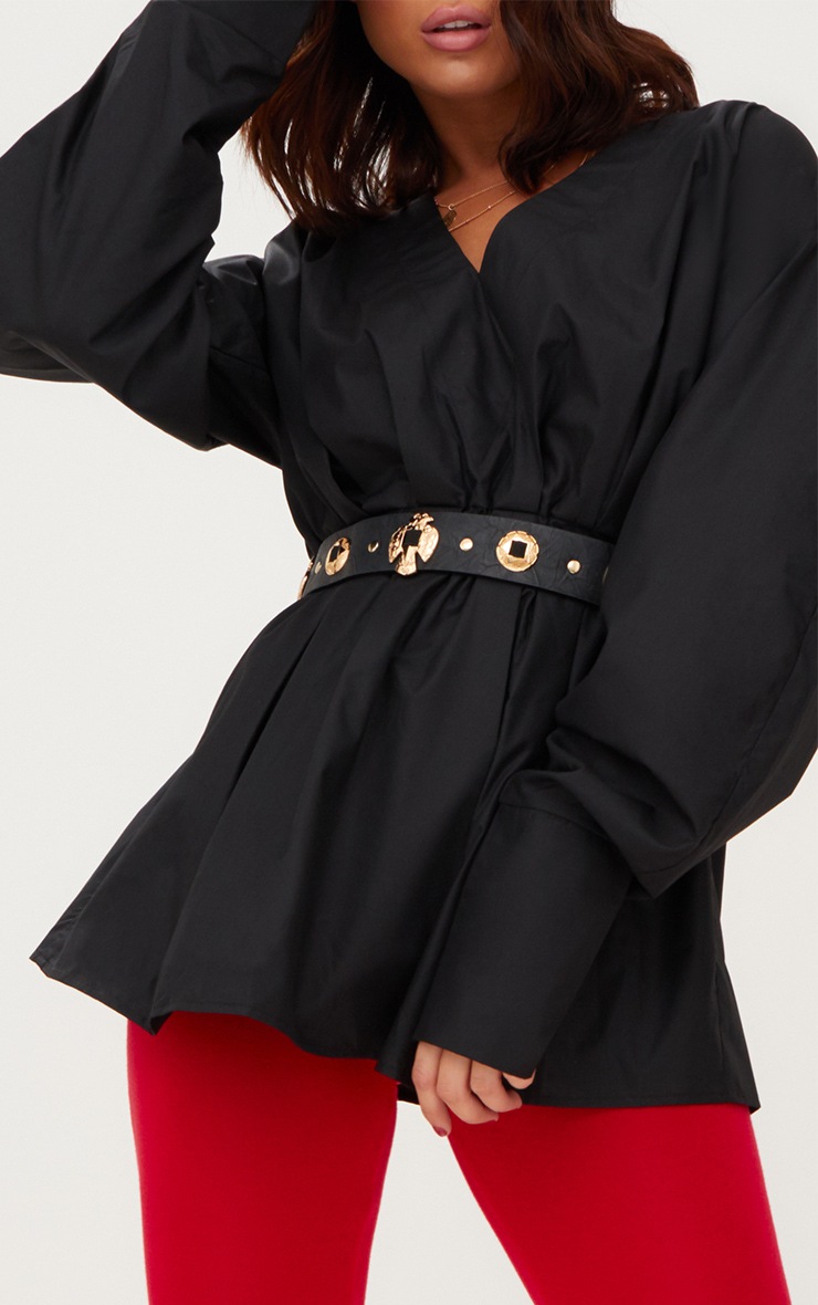 Black Ruched Sleeve Gathered Waist Shirt PrettyLittleThing