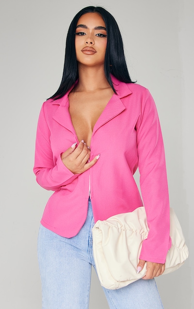 Petite Hot Pink Hook And Eye Detail Sinched Waist Blazer