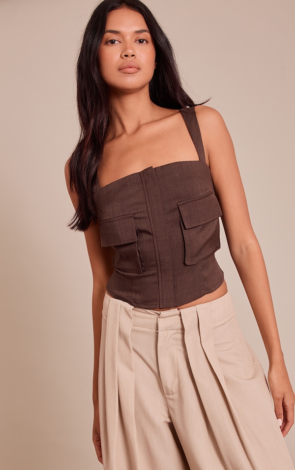 Corset tissé chocolat à zip devant et poches