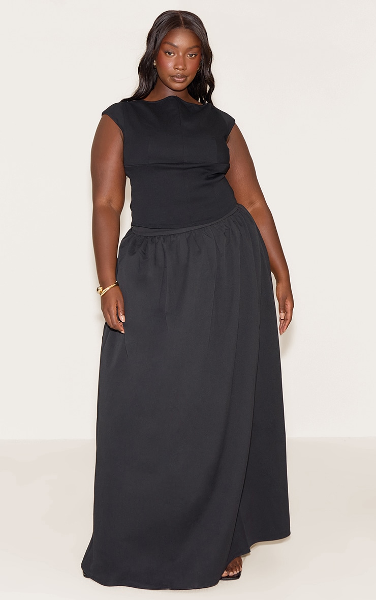 Plus Black Woven Seam Detail Slash Neck Top image 3