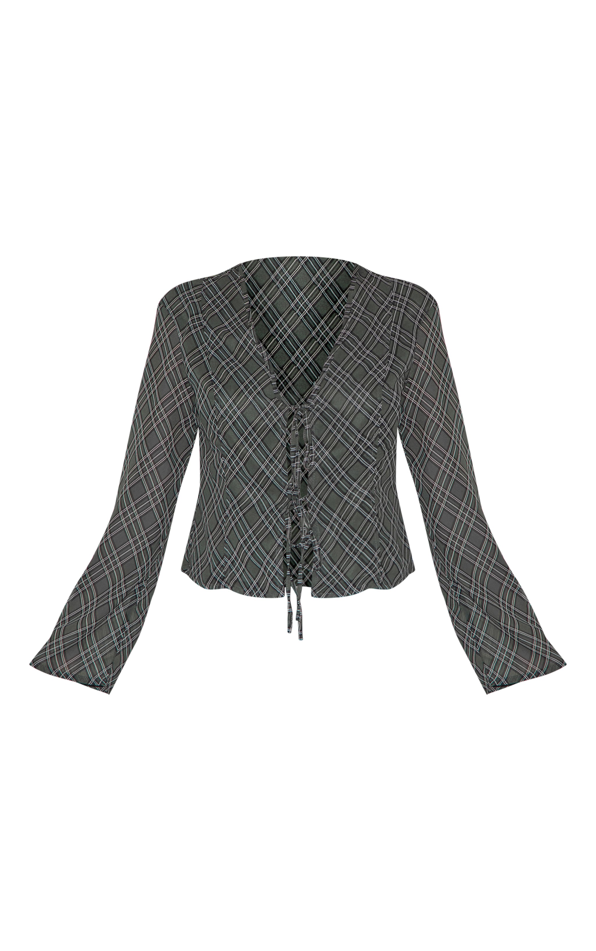 Green Check Chiffon Tie Front Blouse image 5