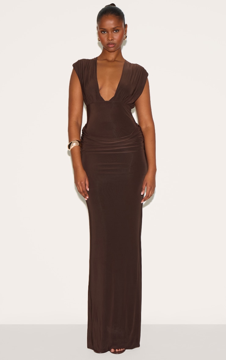 Chocolate Brown Double Layer Plunge Ruched Shoulder Drape Waist Maxi Dress image 1