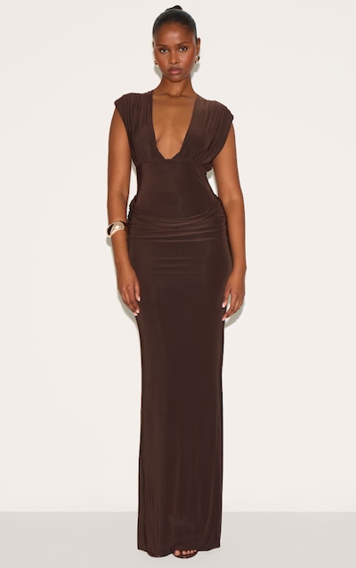 Robe longue doublée marron chocolat décolletée à épaules froncées et partie superposée drapée sur la taille