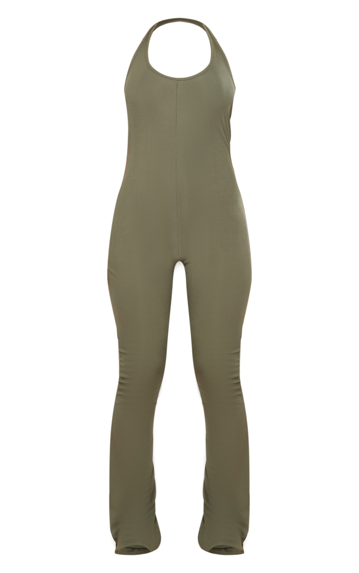 Khaki Ribbed Round Halterneck Jumpsuit PrettyLittleThing USA