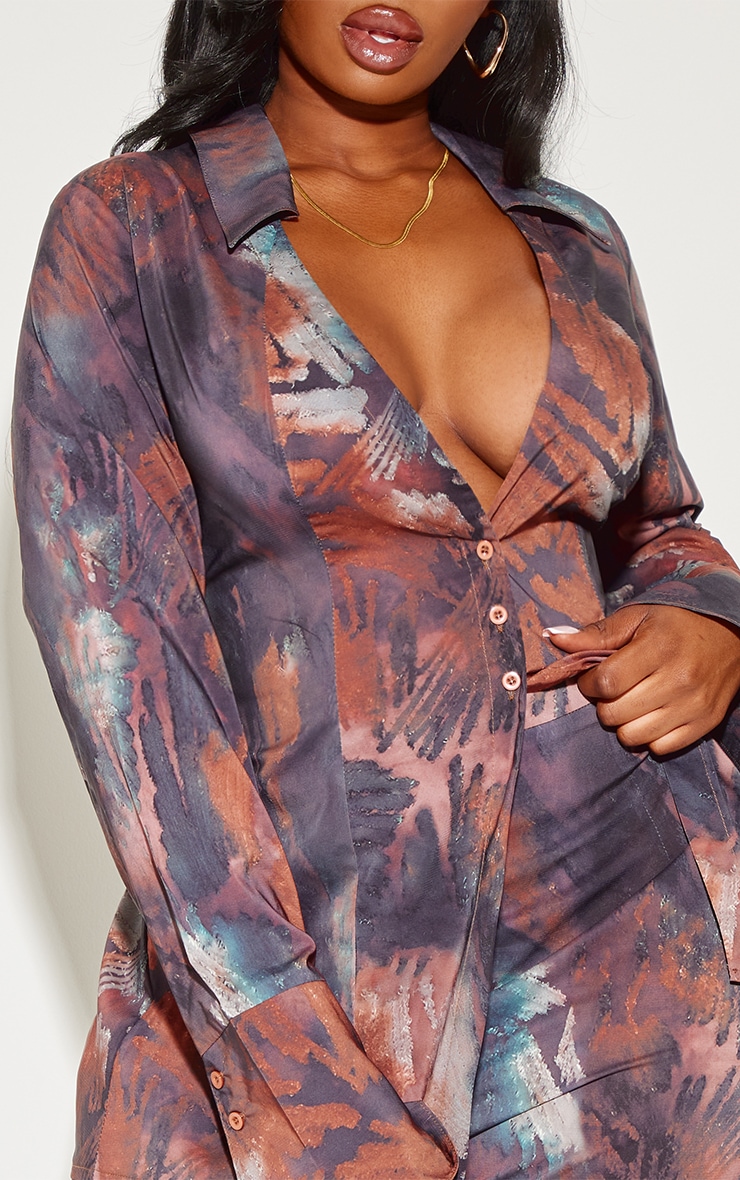 Plus Brown Abstract Print Chiffon Fitted Shirt image 4