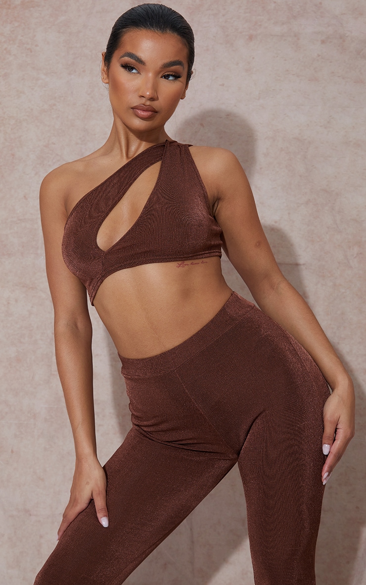 Brown Acetate Slinky Cut Out One Shoulder Crop Top