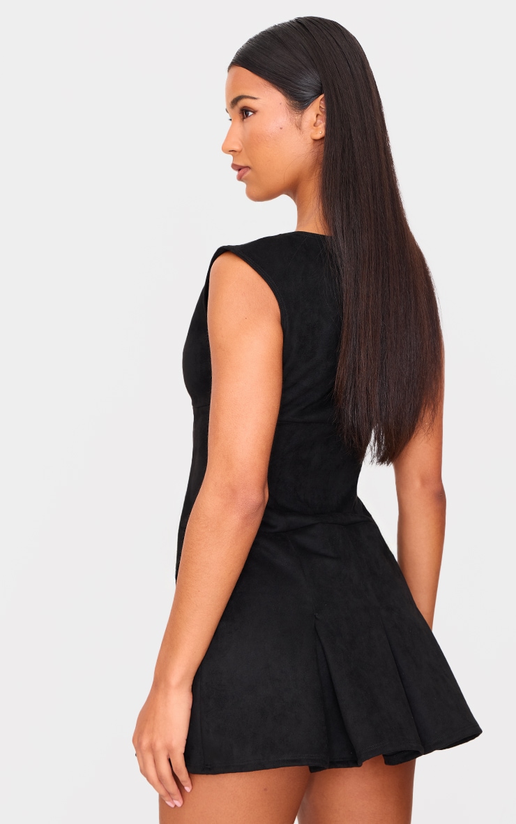 Black Faux Suede Pleated Pocket Detail Shift Dress image 2