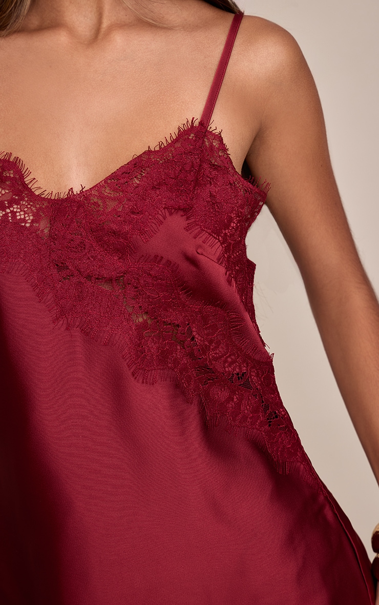Petite Burgundy Asymmetric Lace Satin Mini Dress image 4