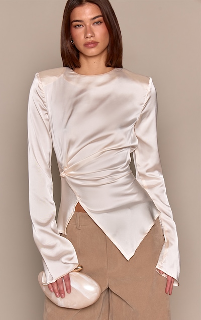Cream Satin Twist Waist Long Sleeve Top