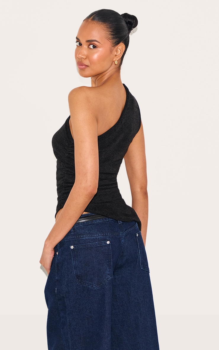 Top long asymétrique texturé noir à épaule unique image 2