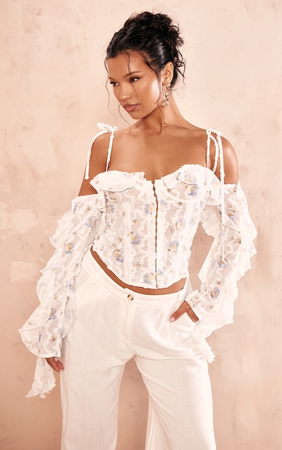 Baby Blue Floral Applique Ruffle Bardot Hook And Eye Top