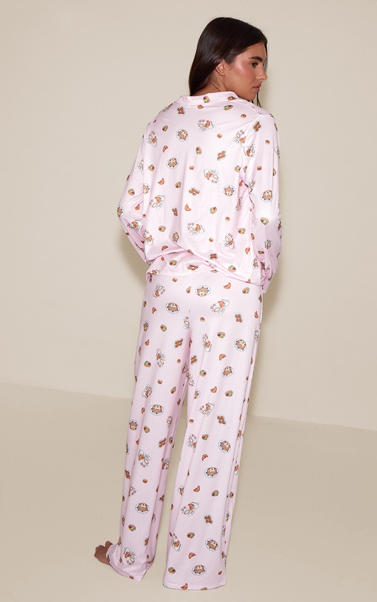 Pink Breakfast Print Long Sleeve Button Through PJ Set image 2