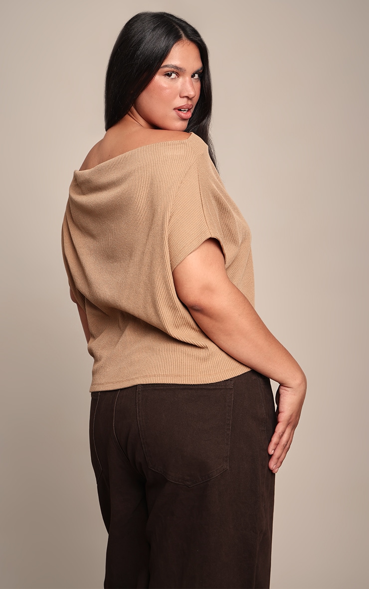 Plus Tan Thick Rib Asymmetric Slouchy Long Top image 2