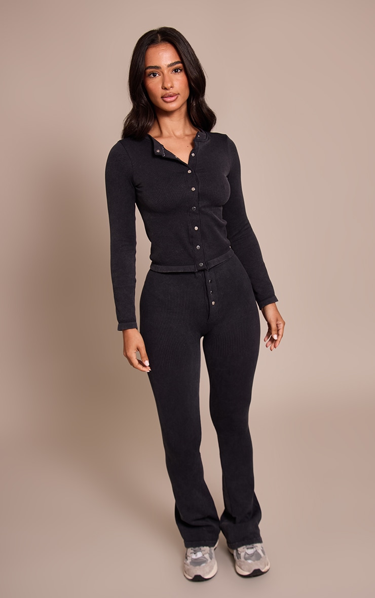 Petite Charcoal Faded Contour Rib Long Sleeve Button Up Top image 3