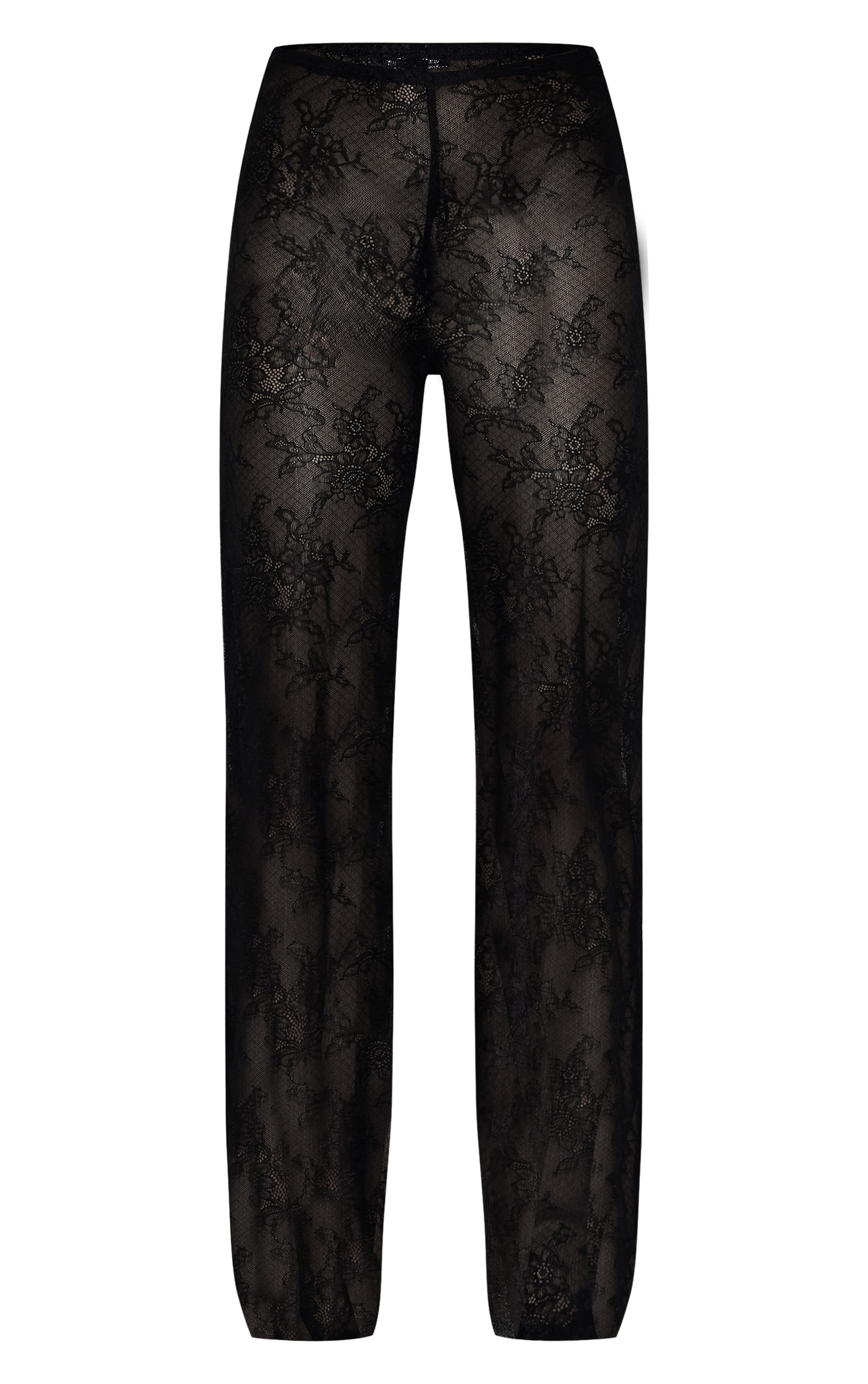 Black Woven Sheer Lace Mid Rise Straight Leg Pants image 5