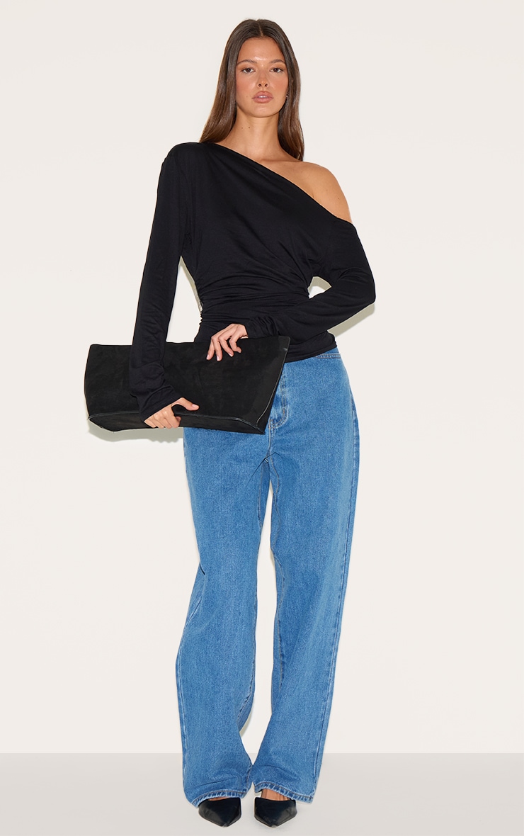 Black Soft Cotton Asymmetric Ruched Long Sleeve Top image 3