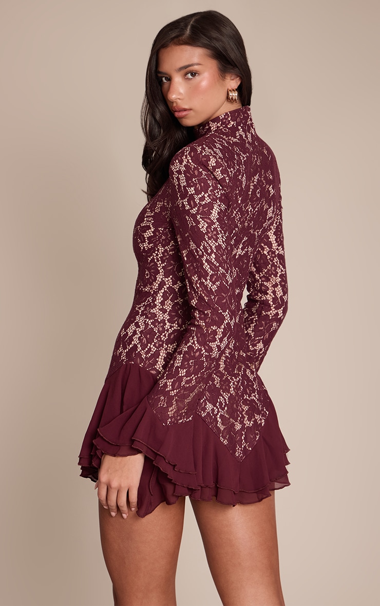 Wine Lace High Neck Frill Detail Mini Dress image 2