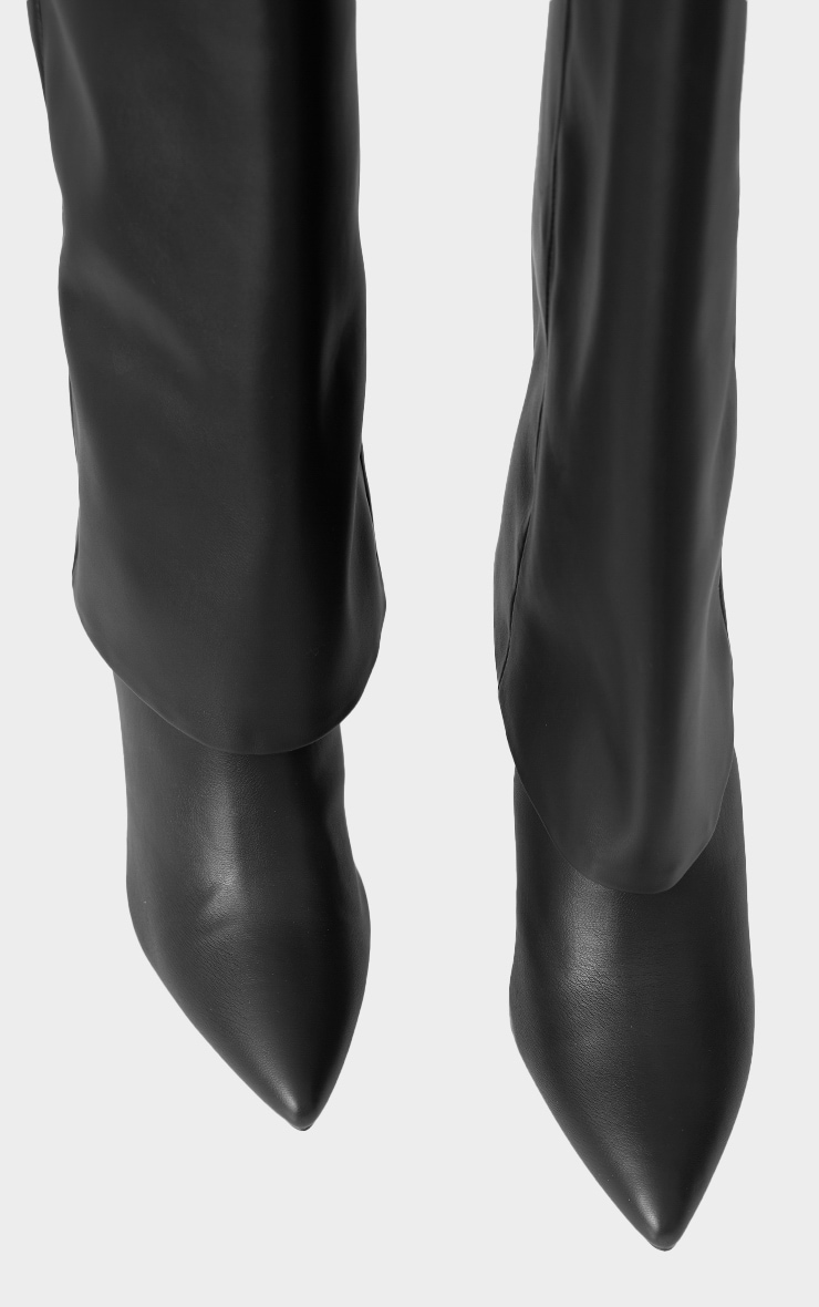 Black PU Point Toe Fold Over High Heeled Calf High Boots image 4