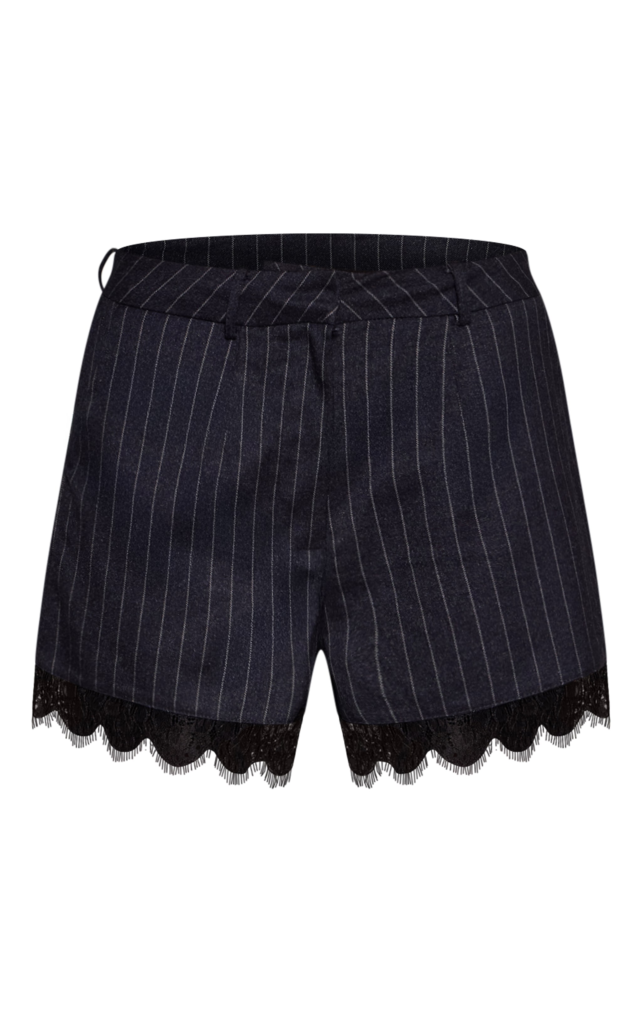 Navy Pinstripe Brushed Woven Lace Detail Shorts image 6