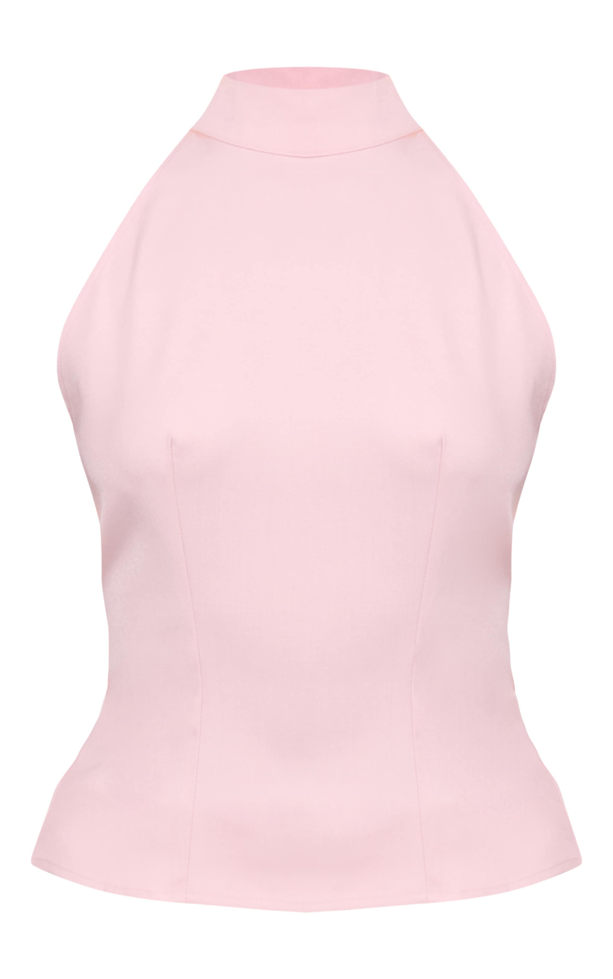 Pale Pink Woven High Neck Tie Detail Top image 5