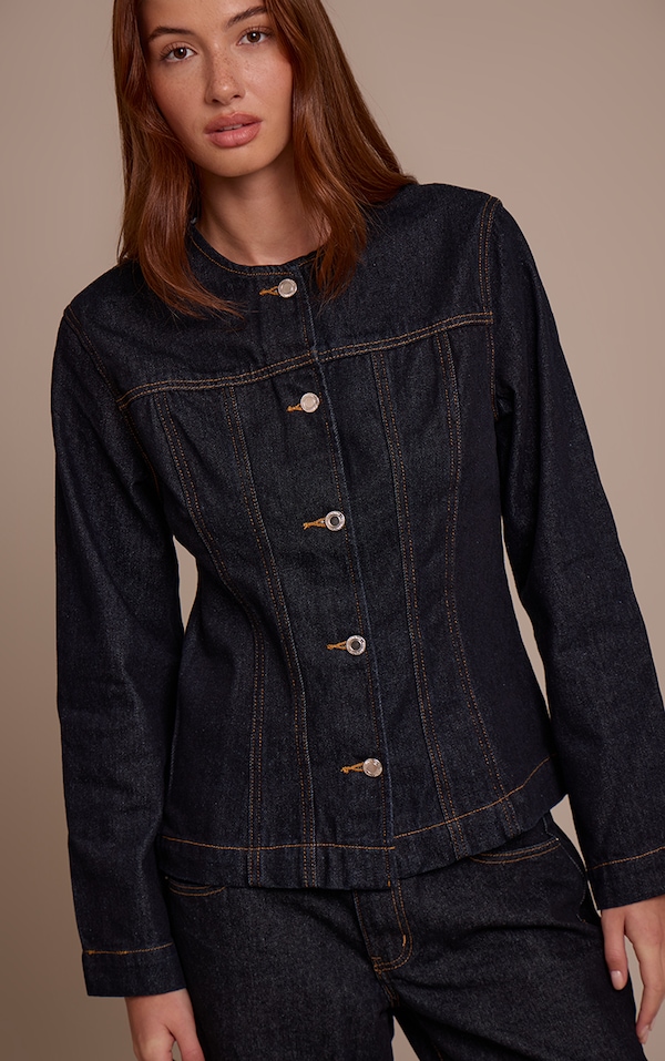 Raw Indigo Wash Contrast Stitch Cinched Long Sleeve Denim Jacket