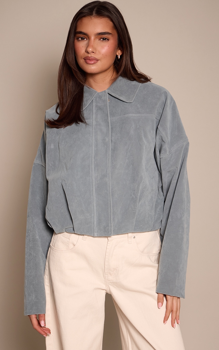 Dusty Blue Faux Suede Covered Placket Bomber Jacket