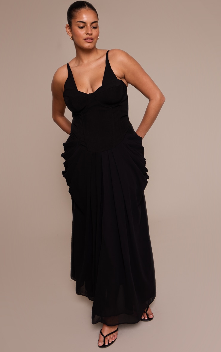 Plus Black Chiffon Drape Detail Corset Midi Dress image 3