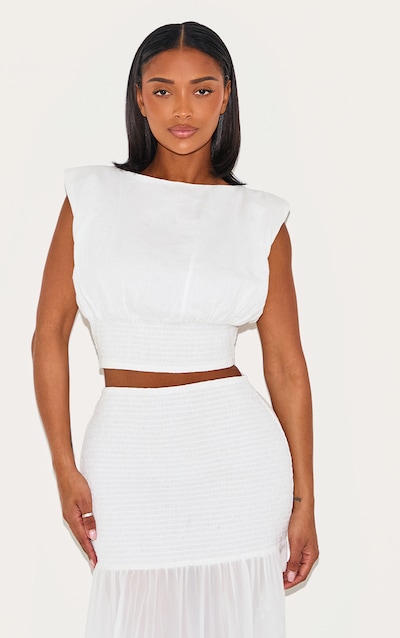 Shape White Boat Neck Shirred Cinched Waist Top