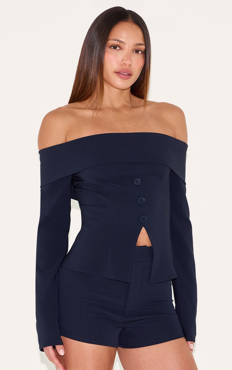 Tall Indigo Tailored Bardot Long Sleeve Button Top image 1