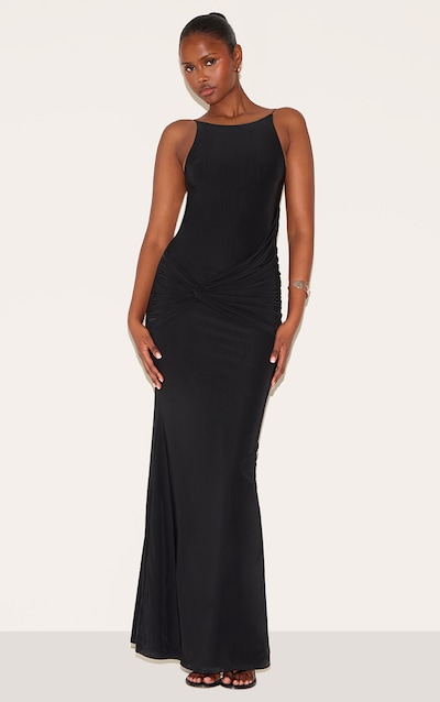 Robe longue moulante doublée noire à torsade devant et dos nu