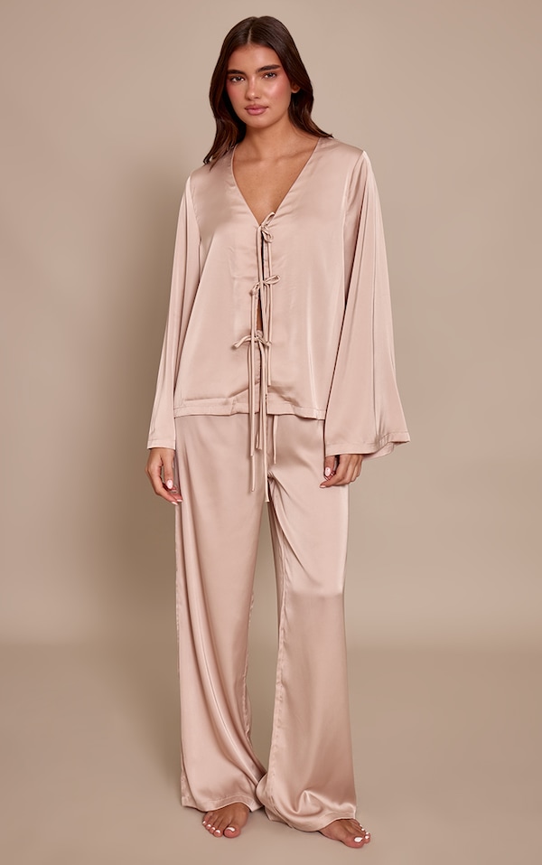 Champagne Satin Tie Front Long Sleeve PJ Set