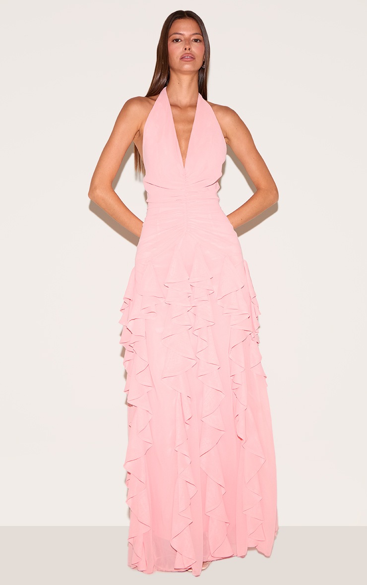 Light Pink Plunge Ruched Frill Detail Maxi Dress | Dresses ...