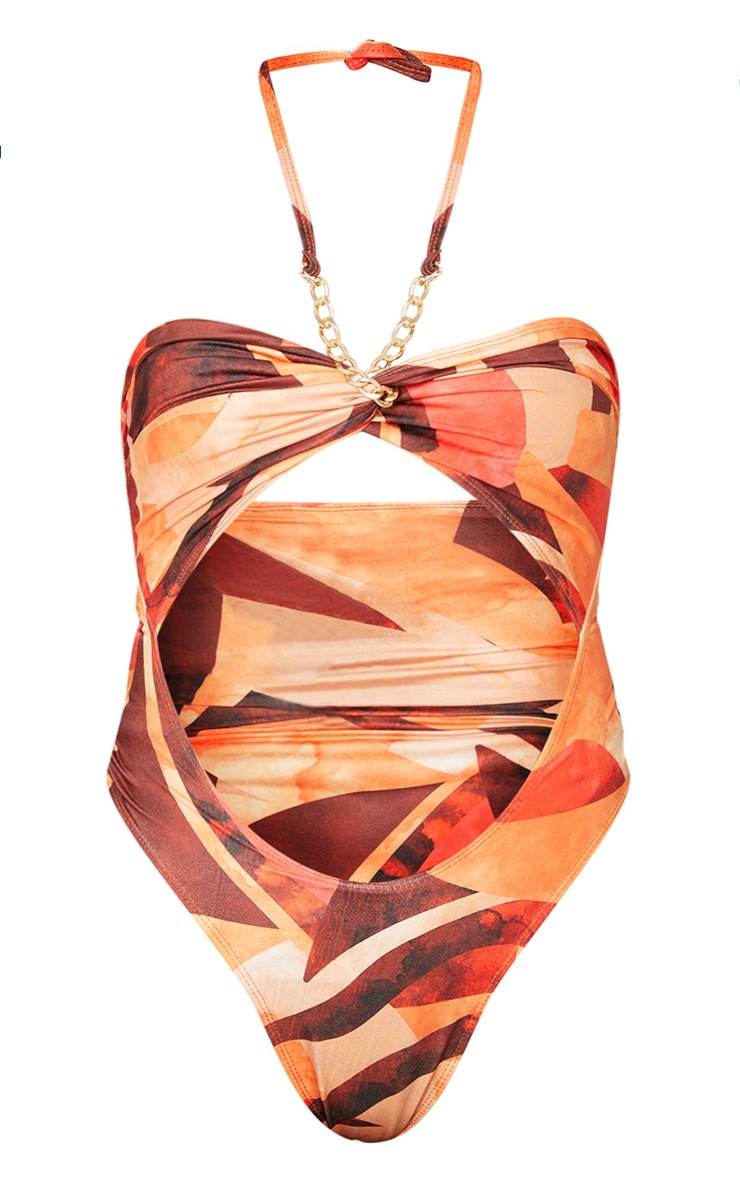 Plus Orange Abstract Print Bandeau Chain Cut Out Swimsuit image 1