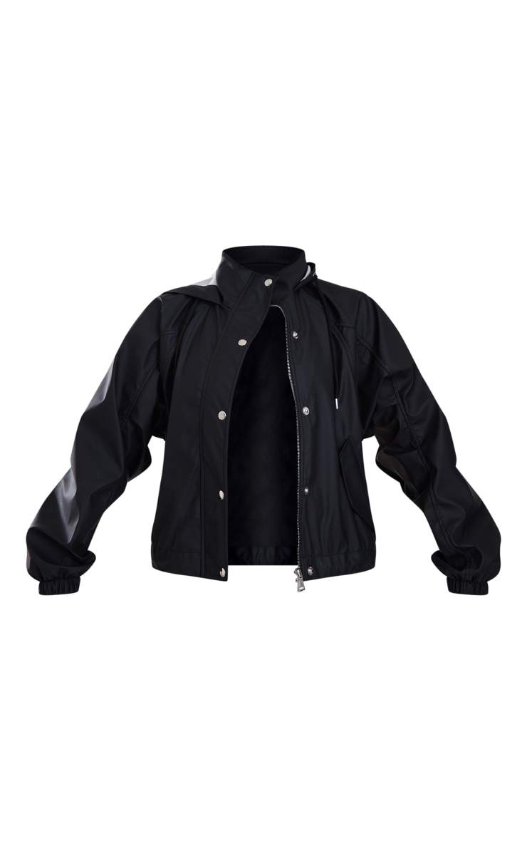 Black Rubberised Hooded Drawstring Jacket PrettyLittleThing USA