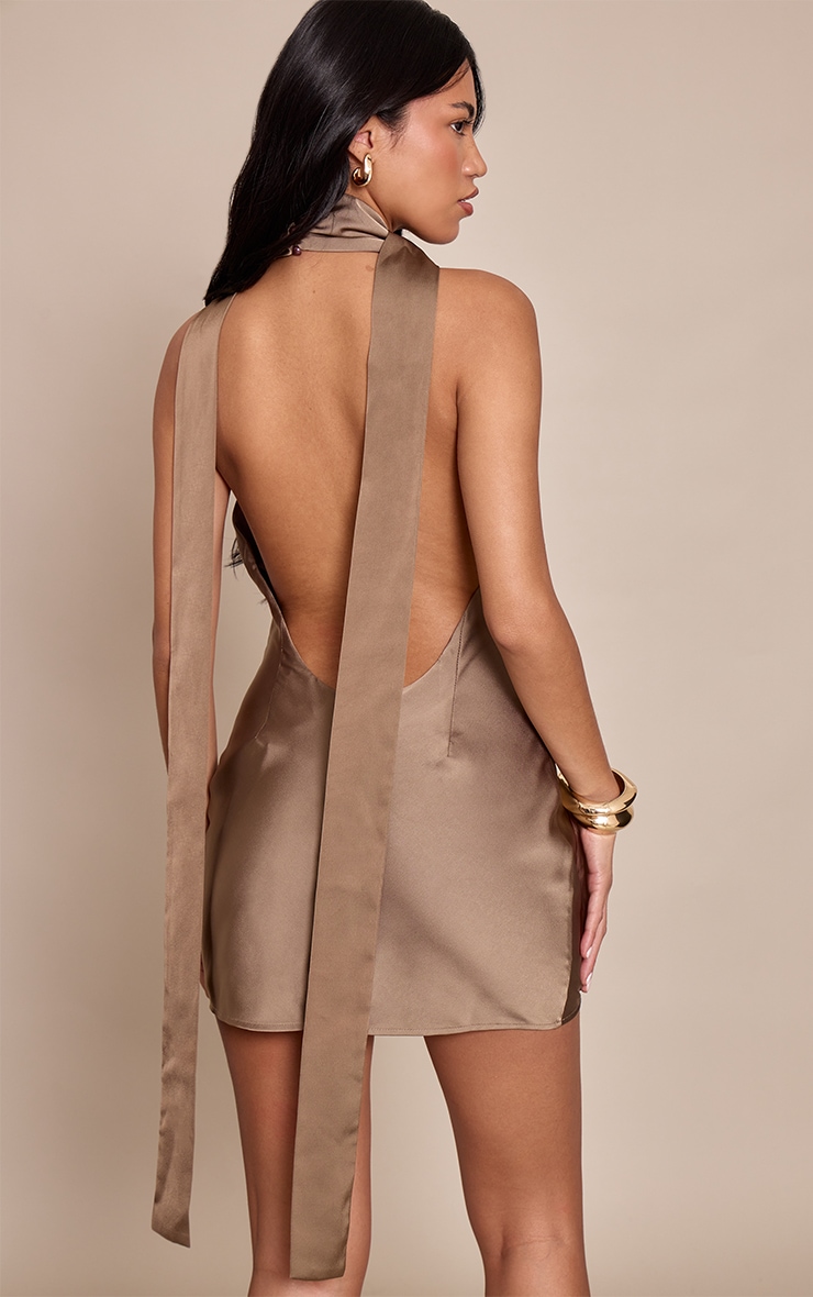 Dark Taupe Satin Cowl Neck Mini Dress image 2