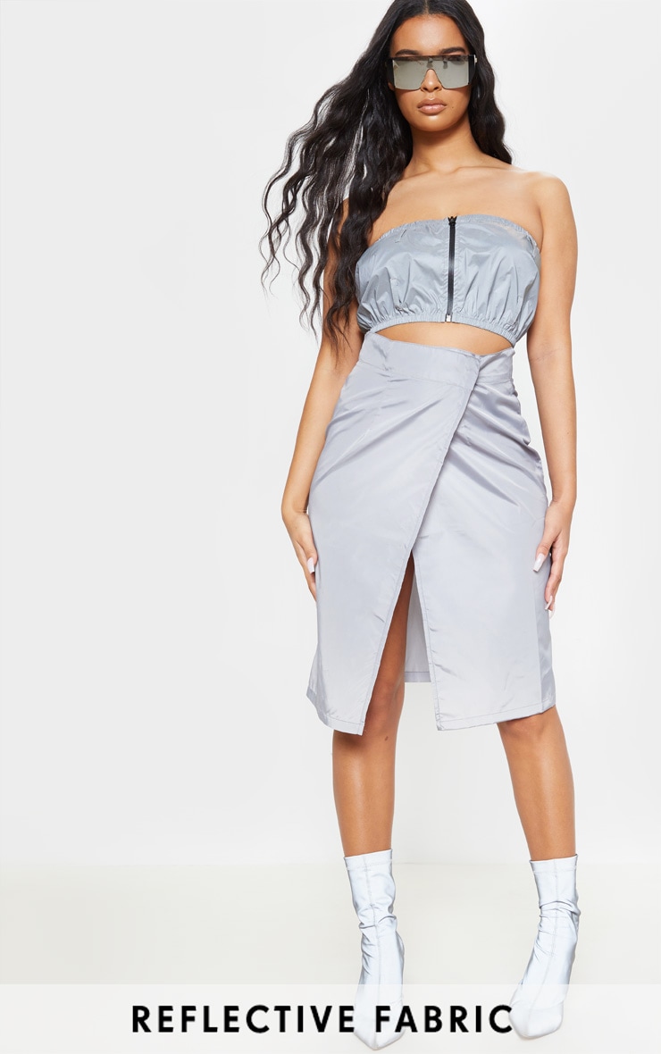 Grey Wrap Over Shell Midi Skirt