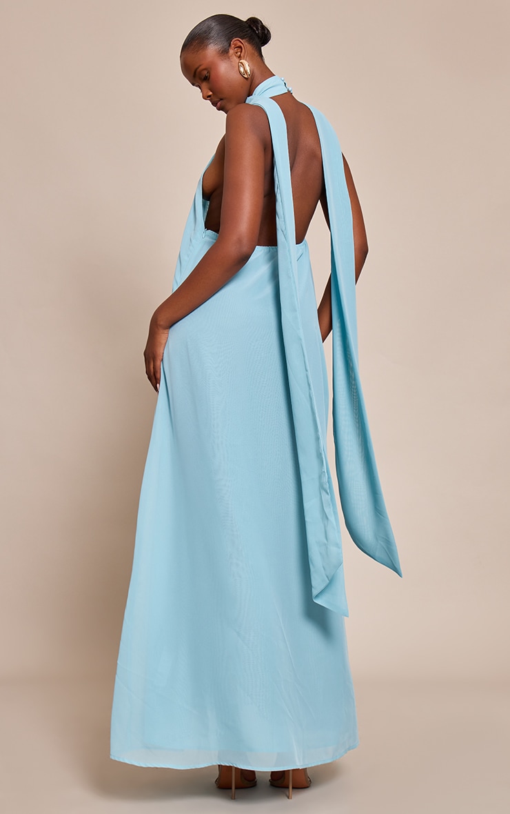 Dusty Blue Chiffon High Neck Scarf Detail Maxi Dress image 2