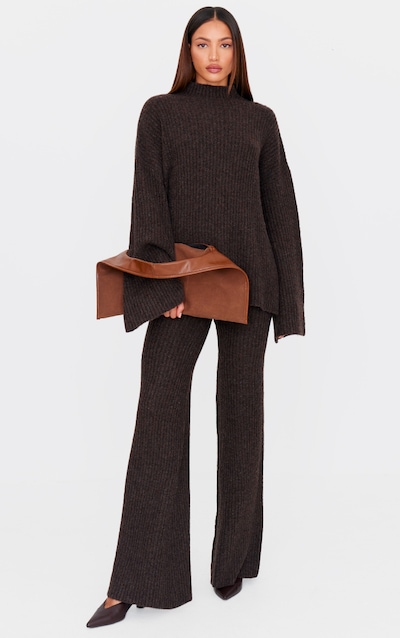 Tall Chocolate Luxe Rib Knit Wide Leg Trousers