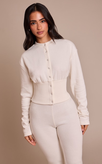 Petite Cream Button Up Ribbed Waist Cardigan