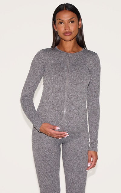 Maternity Chocolate Contour Rib Zip Up Cardigan