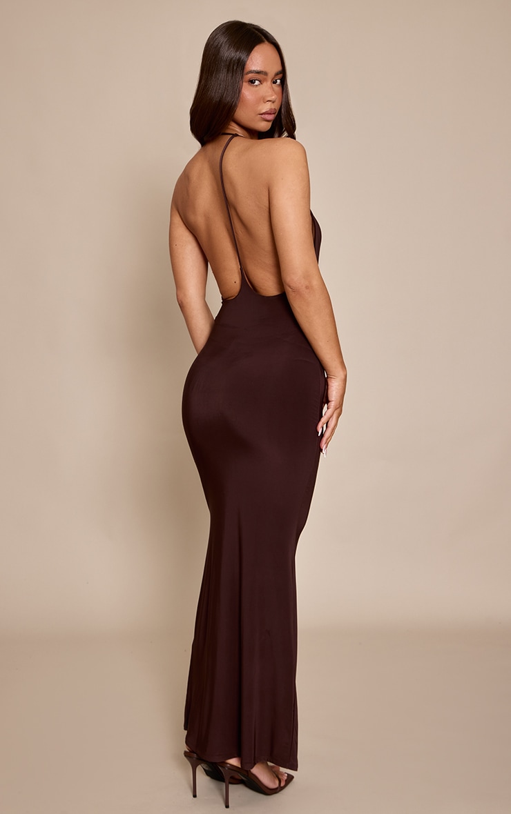 Chocolate Double Layer Slinky Scoop Neck Open Back Dress image 2