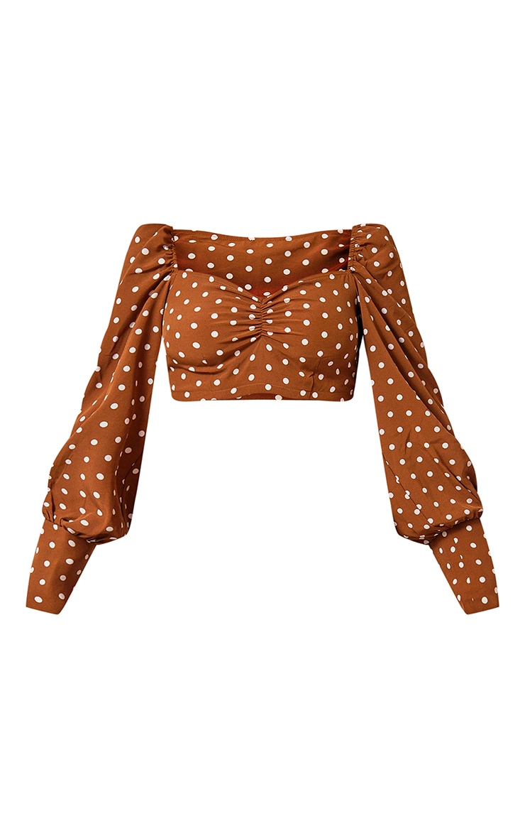 Brown Polka Dot Print Ruched Blouse image 5